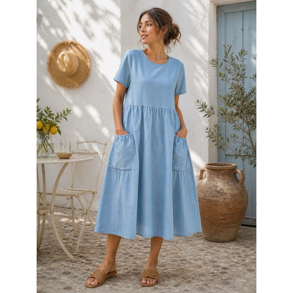 Lintico Linen FRANKIE Dress Blue Patch Pocket Pleated Coastal Boho XXL